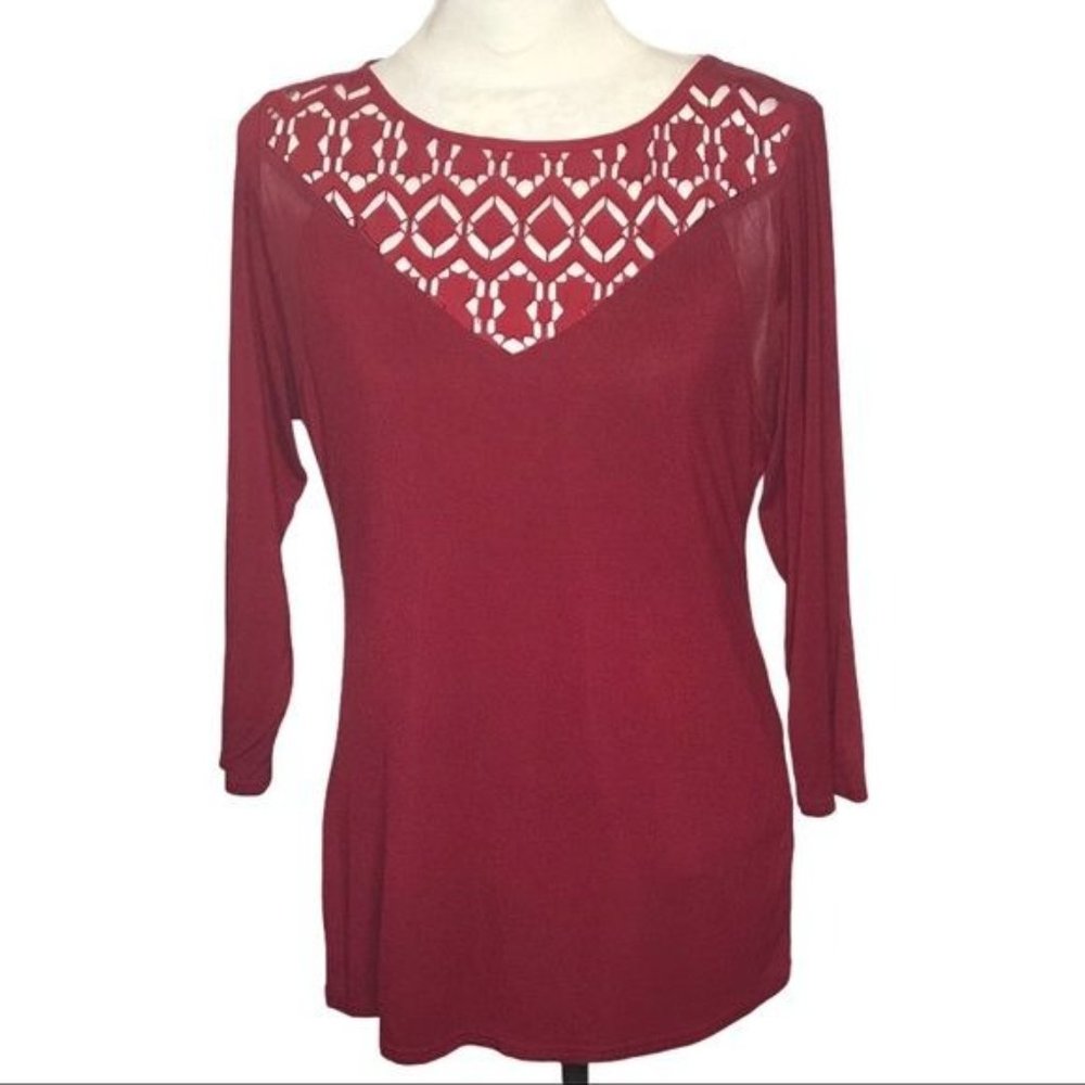 BKE Red Top Laser Cut-Out Long Sleeve Burgundy Size L